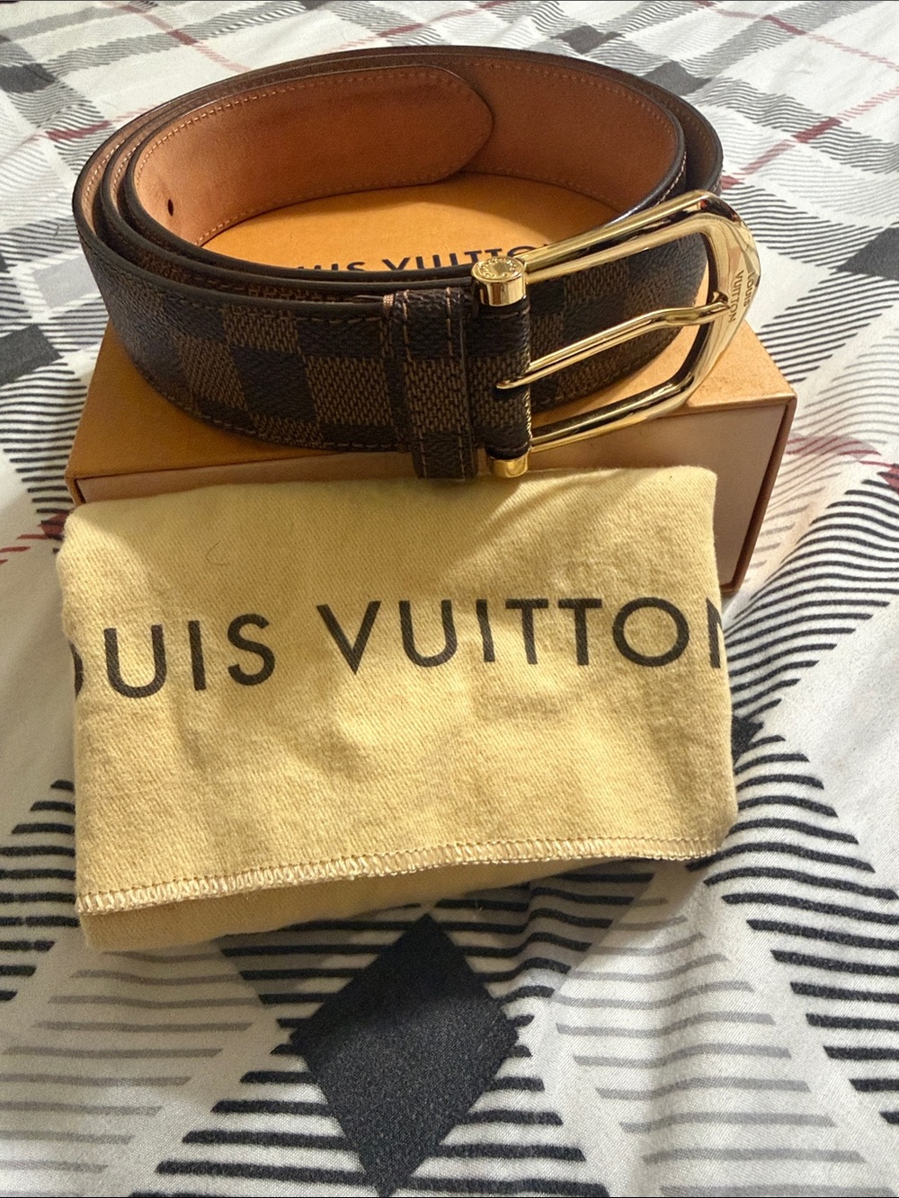 Louis Vuitton Brown Damier Canvas Men’s Belt with Gold Buckle